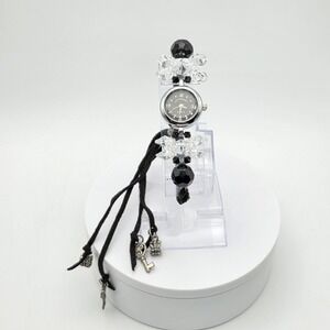 Beaded Black and Clear Crystal Bracelet Watch - Unbranded